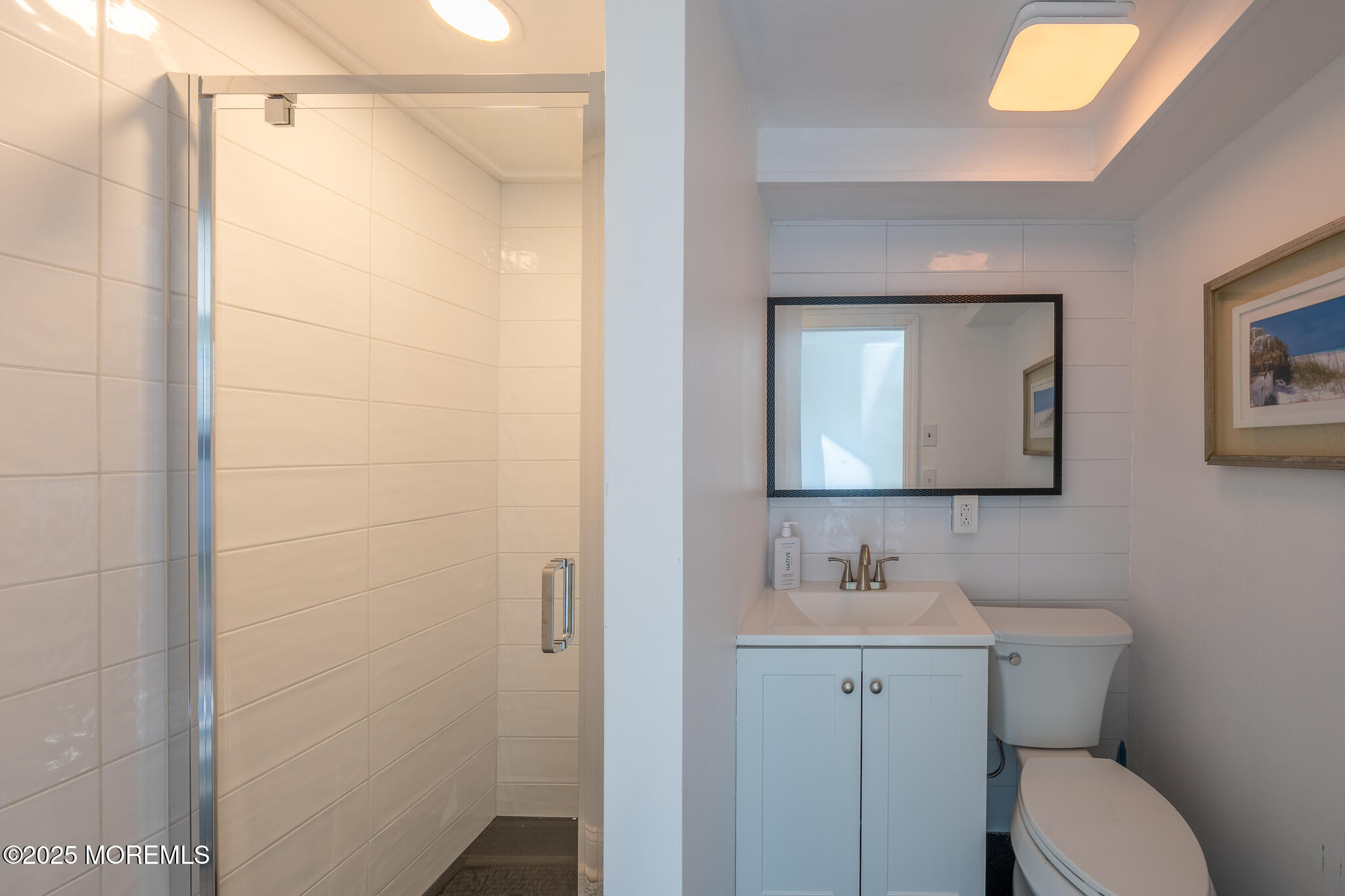 14 Falls Road Mantoloking, NJ 08738 - Photo 19 of 40 a bathroom with a toilet a sink and mirror