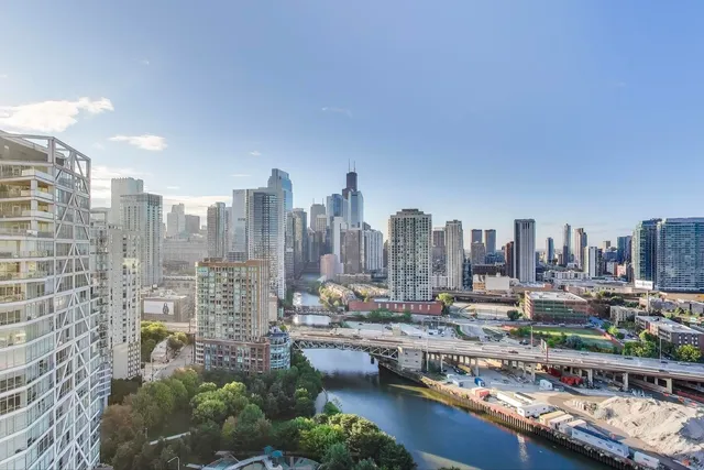 a city view with tall buildings