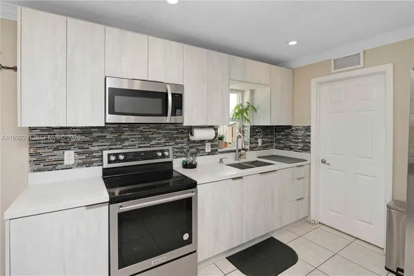 a kitchen with a stove and a microwave