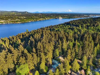 a view of an ocean and a mountain