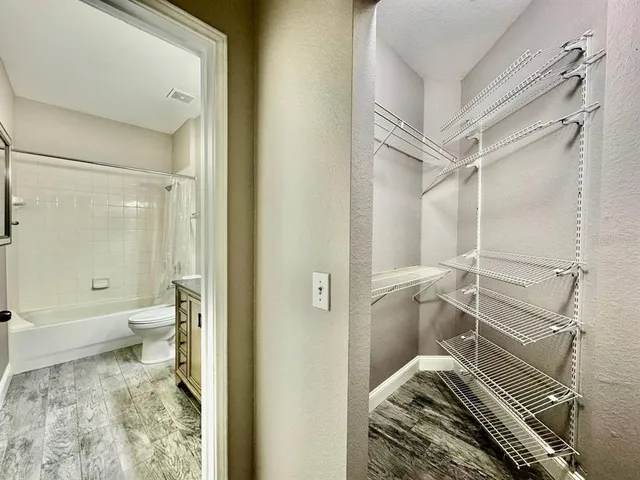 a bathroom with a bathtub and a toilet