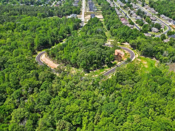 an aerial view of residential house with outdoor space and trees all around