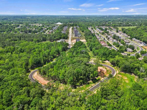 an aerial view of residential house with outdoor space and trees all around