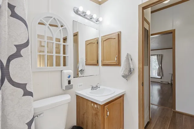 a bathroom with a sink a toilet and a mirror