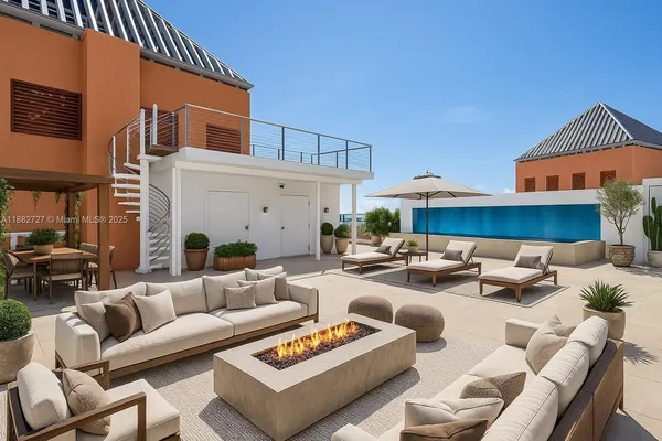a building outdoor space with patio furniture