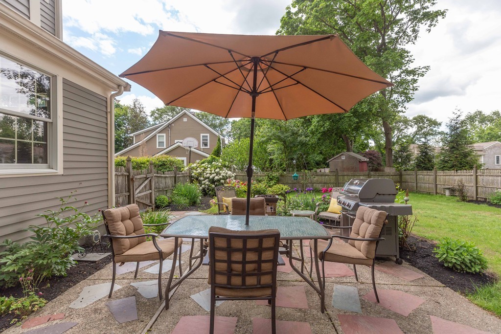 26 Howe Street Hingham, MA 02043 - Photo 29 of 30 a view of patio with chairs and table under an umbrella