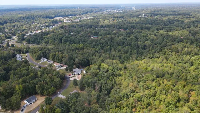 an aerial view of town with residential houses with outdoor space and trees