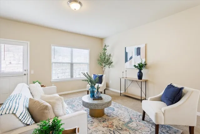 a living room with furniture and a potted plant