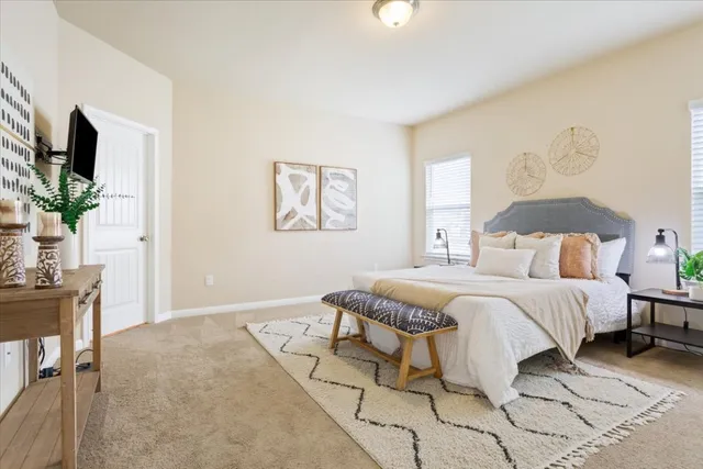 a bedroom with a bed and a flat screen tv