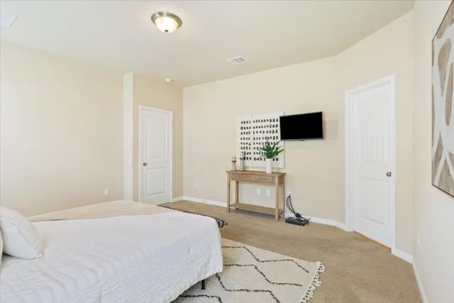 a bedroom with a bed and a television