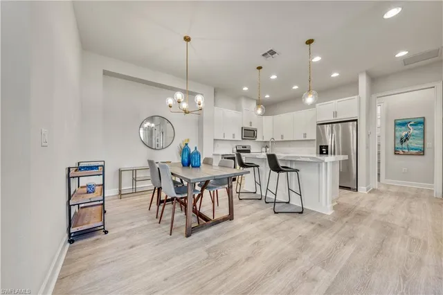 a view of a kitchen with dining table and chairs