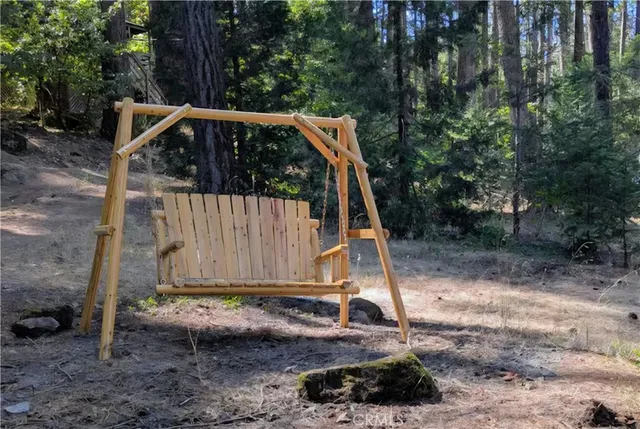 a view of backyard with small cabin