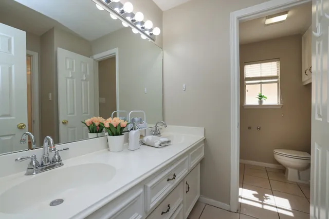 a bathroom with a sink a toilet and a mirror