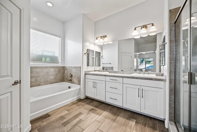 a bathroom with a tub a double vanity sink and a mirror