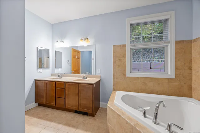 a bathroom with a tub sink and mirror