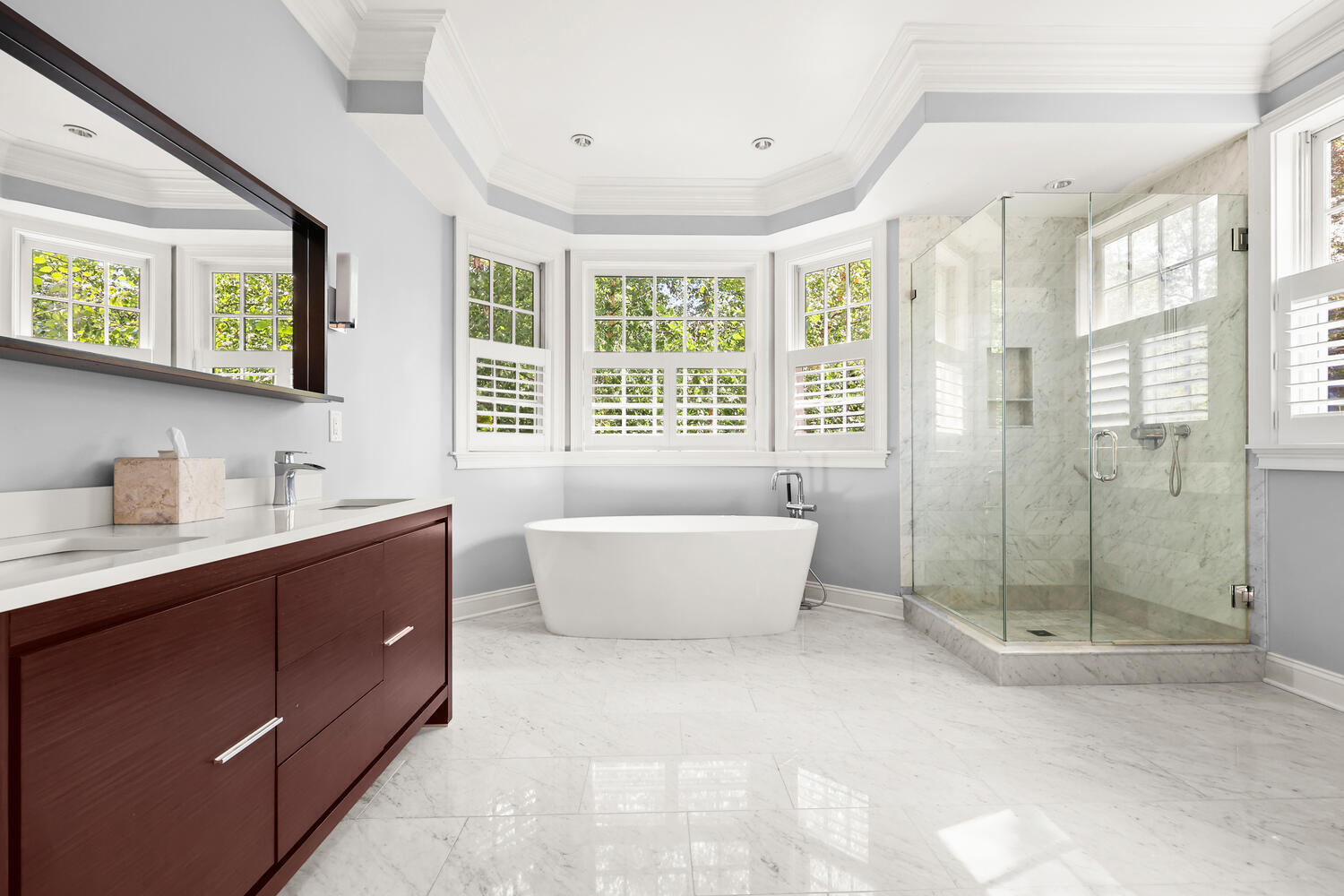 35 Logan Road New Canaan, CT 06840 - Photo 22 of 73 a spacious bathroom with a tub sink shower and mirror