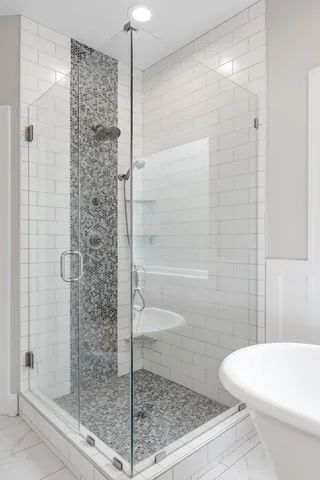 a bathroom with a shower and a toilet