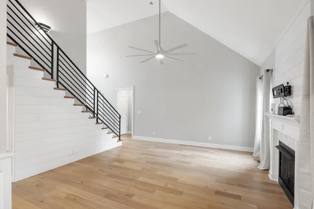 a view of an entryway with fireplace