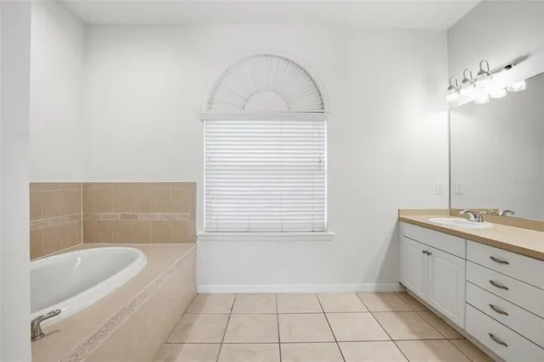 a bathroom with a tub sink and mirror