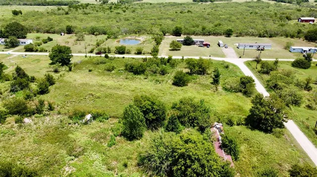 an aerial view of residential houses with outdoor space and trees