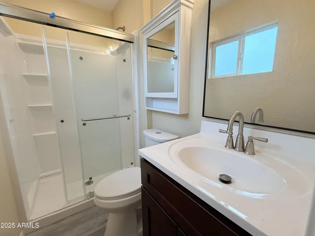 a bathroom with a sink a toilet and shower