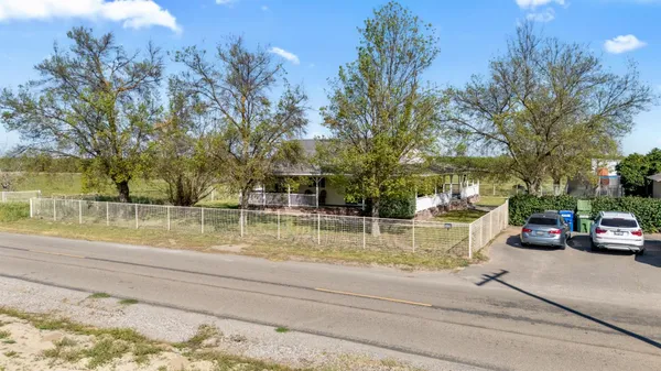 a view of backyard with large trees and plants
