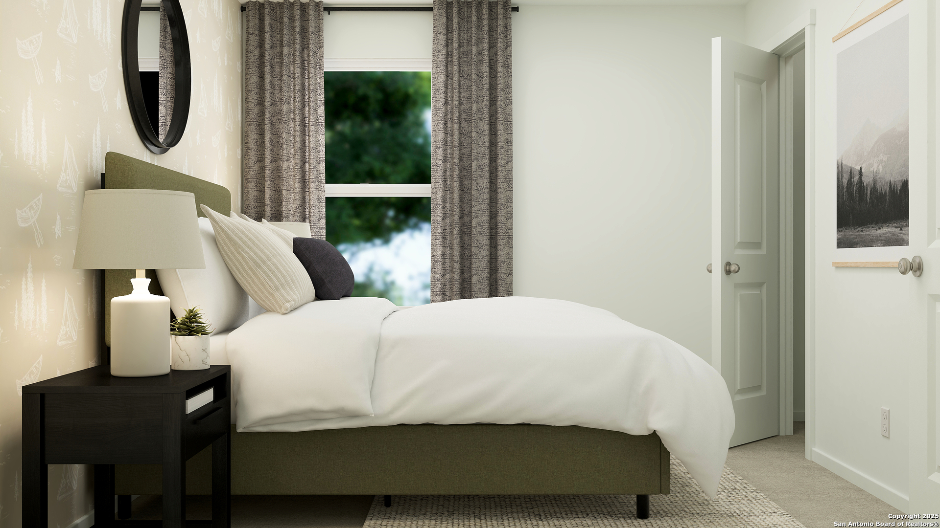 701 Thea Meadows Marion, TX 78124 - Photo 16 of 26 a bedroom with a bed a mirror and lamp next to a window