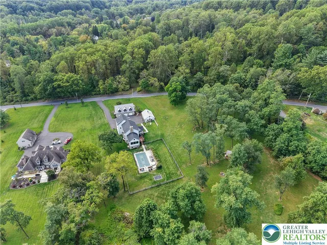 a view of a backyard with large trees