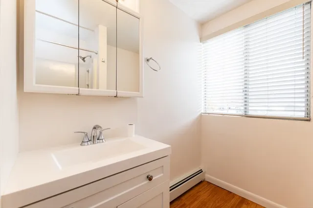 a bathroom with a sink and a window