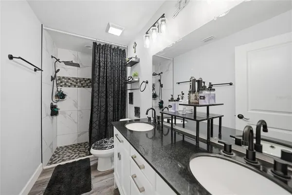 a bathroom with a double vanity sink toilet and shower