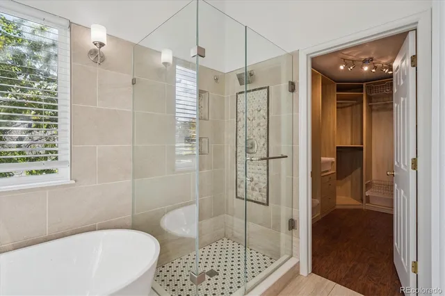 a bathroom with a shower and a toilet