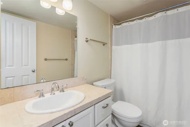 a bathroom with a sink a toilet and a mirror