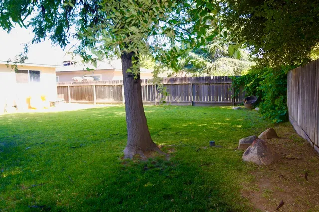 a view of a house with backyard and a tree