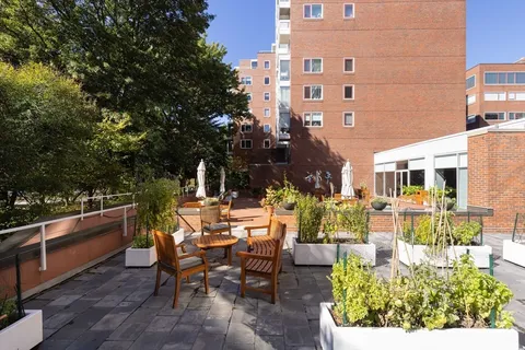 a view of a patio with table and chairs and potted plants