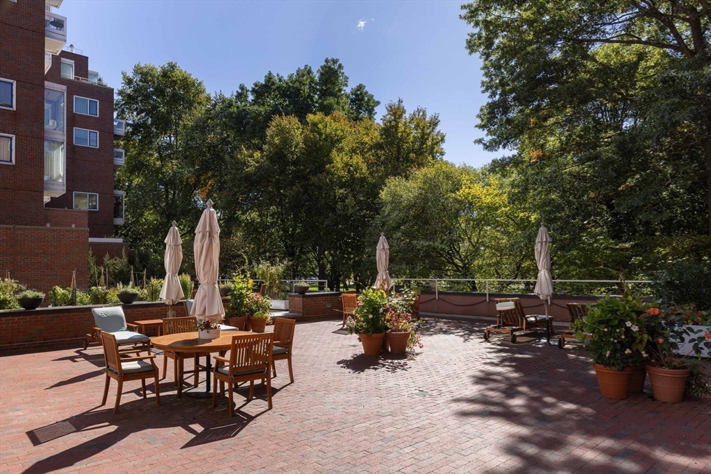 975 Memorial Drive, Unit 209 Cambridge, MA 02138 - Photo 20 of 23 a view of a patio with table and chairs and potted plants