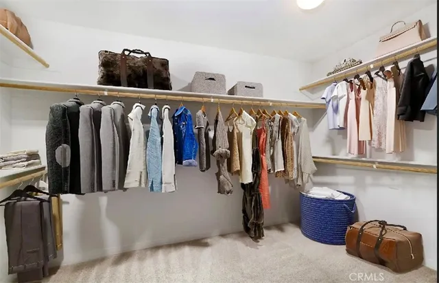 a view of walk in closet with clothes and shoes