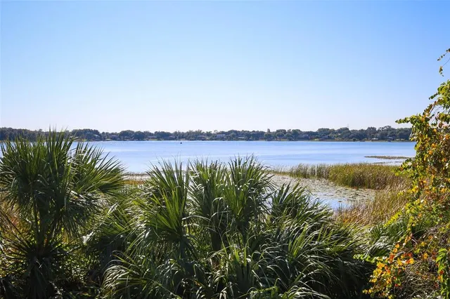 a view of a lake with houses in background