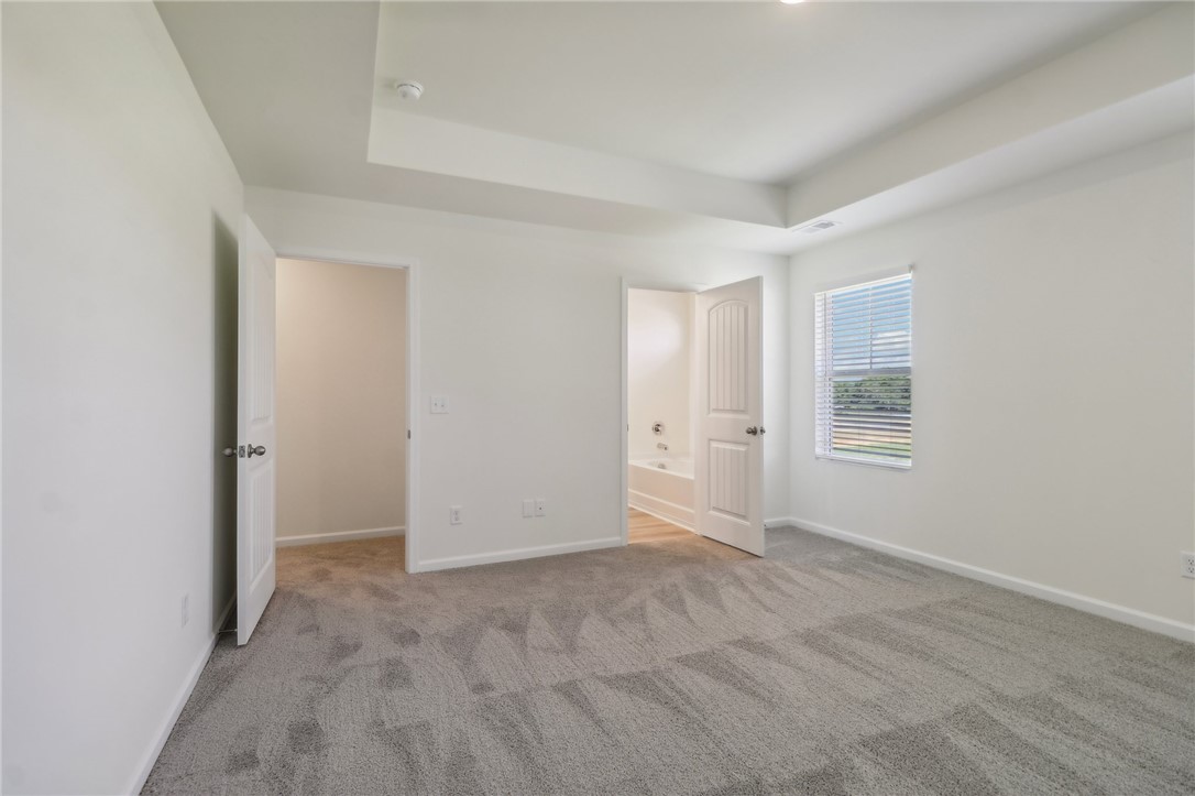 206 Bellflower Lane Pendleton, SC 29670 - Photo 18 of 27 This primary bedroom features plush carpeting and a tray ceiling, with an ensuite bathroom and ample natural light.