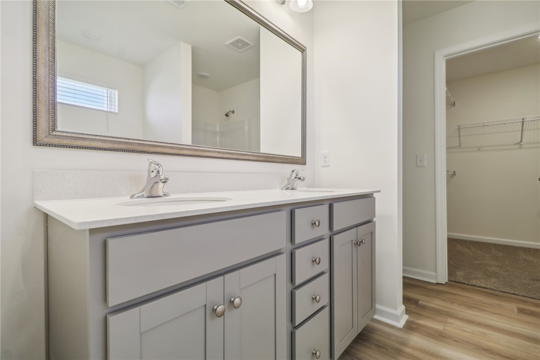 206 Bellflower Lane Pendleton, SC 29670 - Photo 20 of 27 This primary bathroom features a dual vanity, sleek counters, and a spacious walk-in closet.
