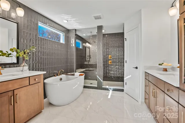 a bathroom with a tub a sink and a shower