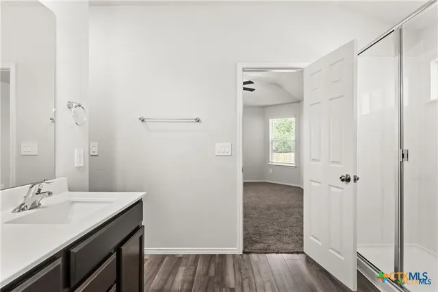 a bathroom with a sink and a mirror