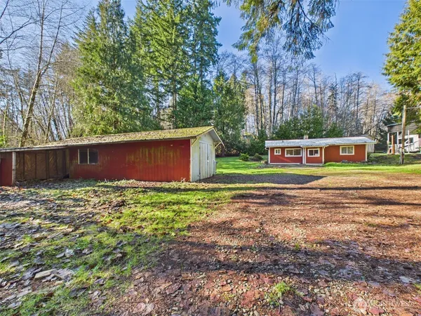 a view of backyard with large trees and wooden fence