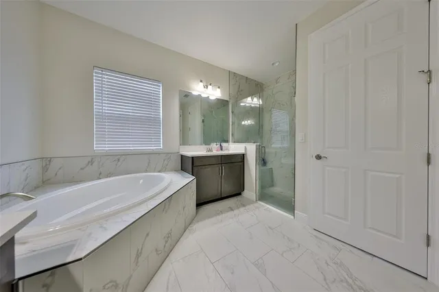 a bathroom with a tub sink and mirror