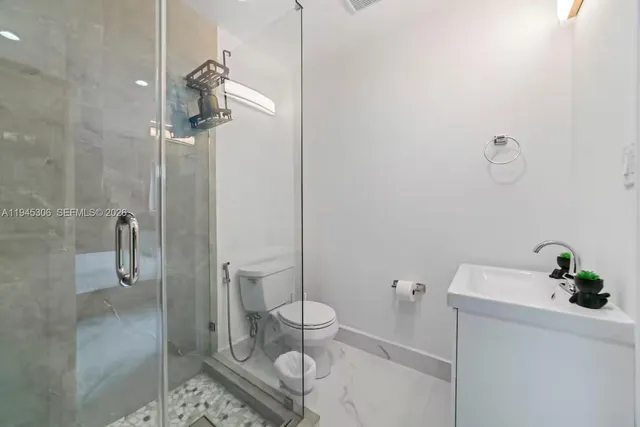 a bathroom with a shower and toilet