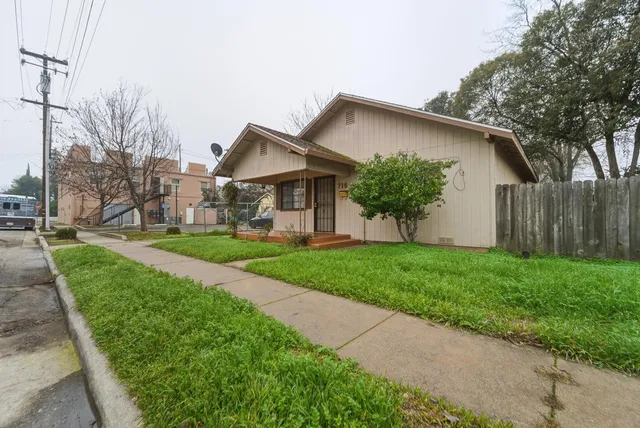 a front view of house with a garden