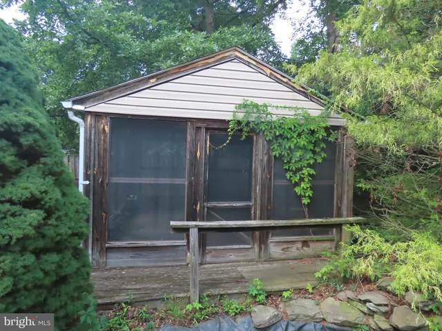 a small house with a small yard plants and large tree