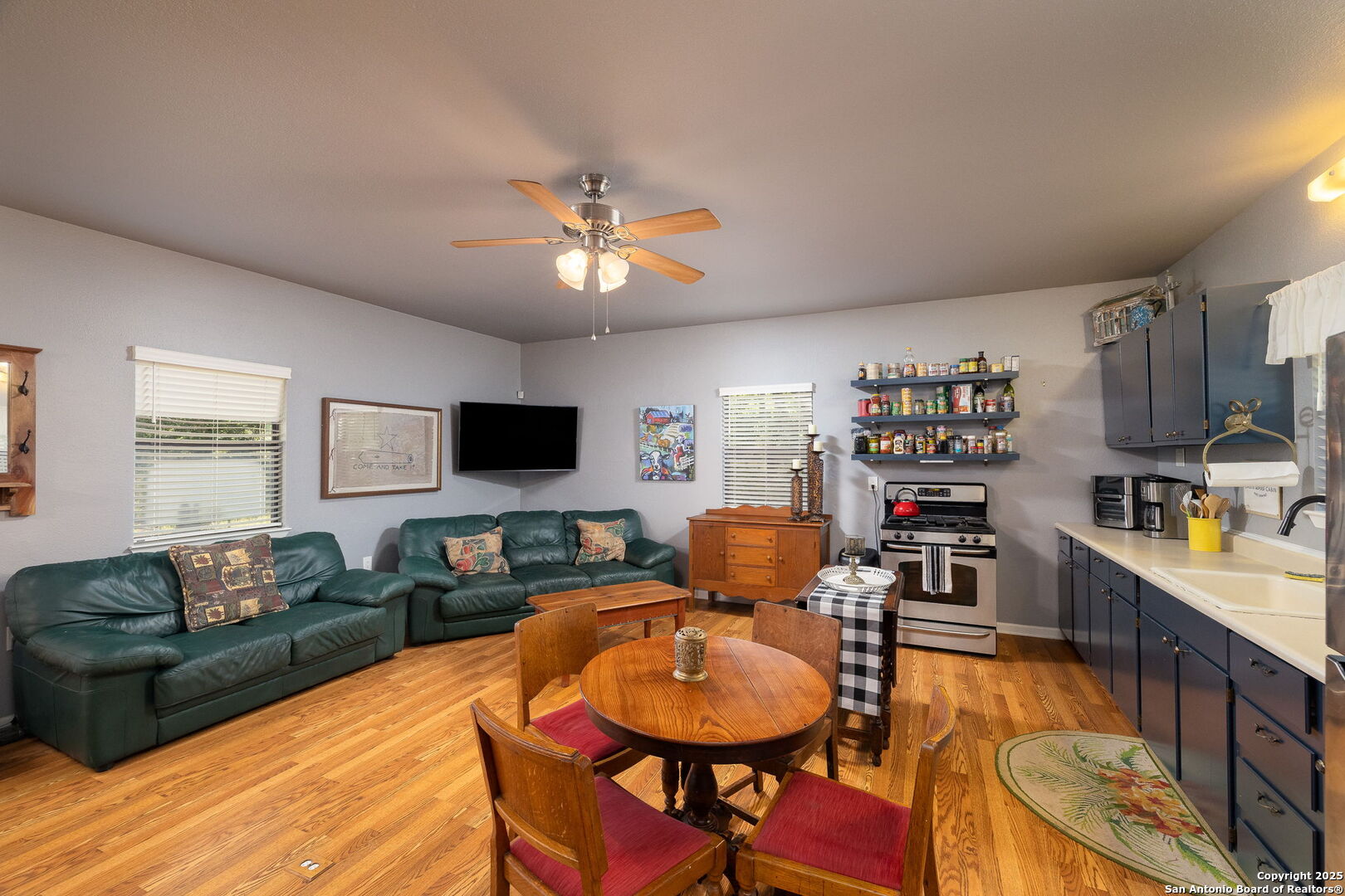 1060 Forest View Drive Blanco, TX 78606 - Photo 9 of 24 a living room with furniture a flat screen tv and kitchen view