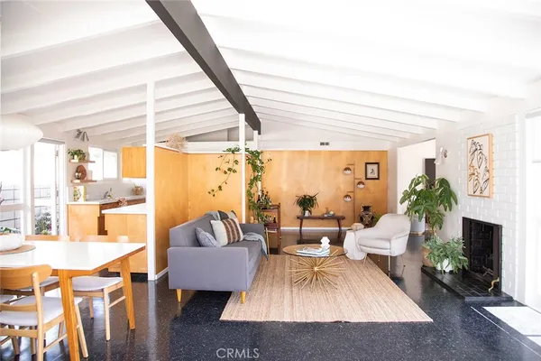 a living room with furniture and a potted plant