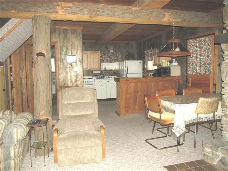 Here you can see into the kitchen and dining areas. How about that log pillar on the left!