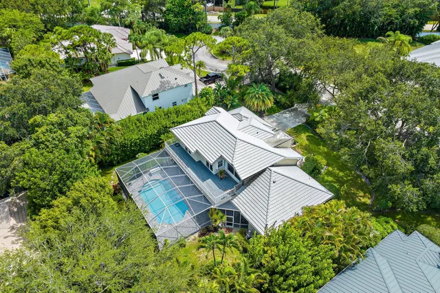 an aerial view of a house with a yard and a large tree